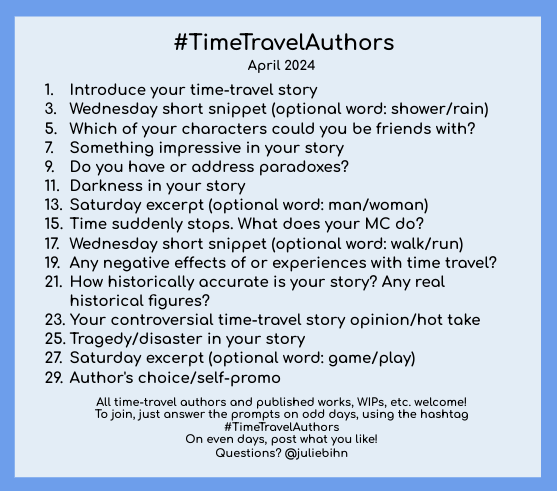 #TimeTravelAuthors 4/19

In MYRIAD, you lose as much life as you #timetravel. Travel 1 week, lose 1 week of life. Travel 20 years.... You get the picture.

The closer I come to my own 7th decade, the less far-fetched the above concept seems to me.