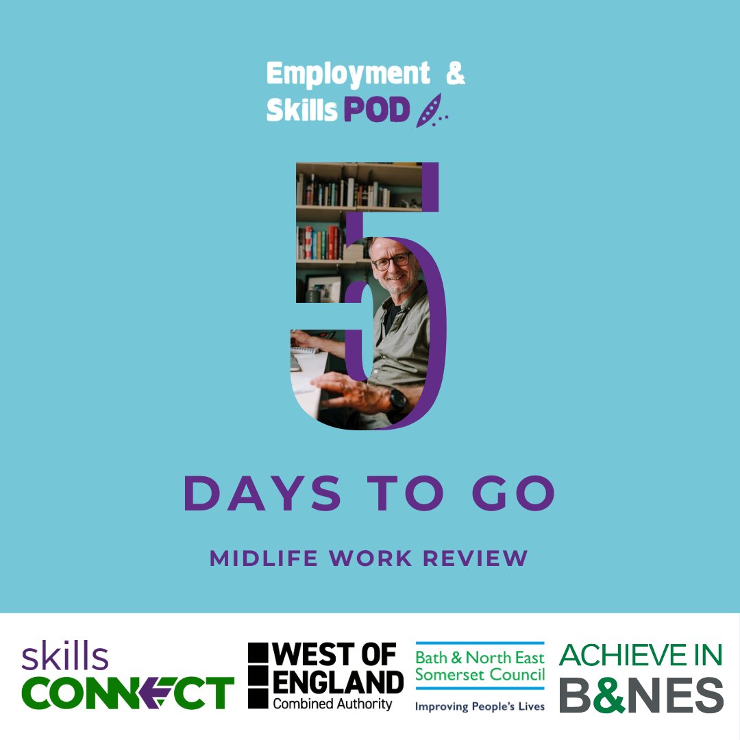 5 days to go till our Midlife Work Review🚨

Calling all residents 45+ looking for information, advice and guidance for themselves or their workforces next stage to join us this Wednesday 10am-3pm at Apex City of Bath Hotel🗣️

Sign up shorturl.at/knpLV or drop-in🚶