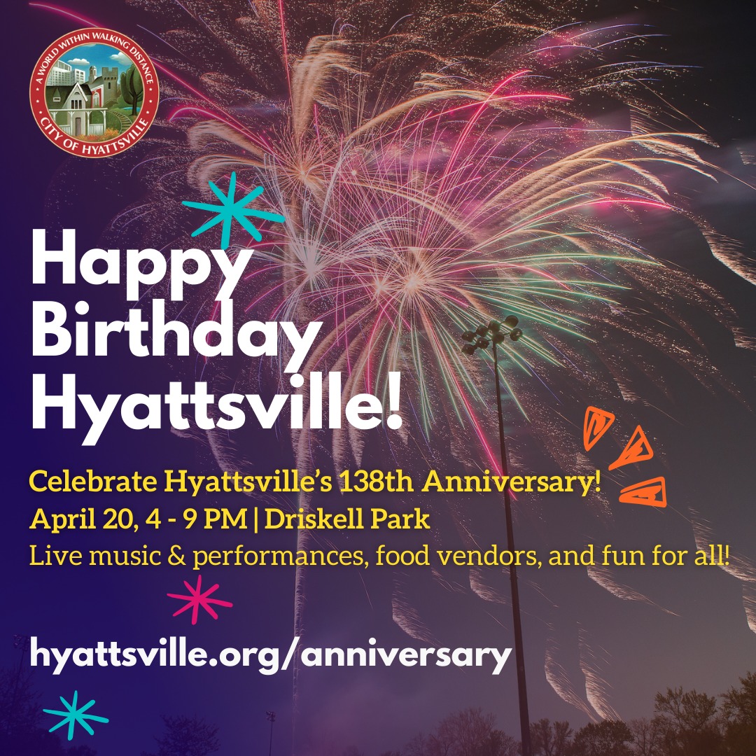 Hyattsville’s Anniversary Festival 🎊 is tomorrow, April 20, 4-9PM, at Driskell Park! Join us for: 🎤🥁live music & entertainment 🌭🍺local food vendors & breweries 🤸‍♀️inflatables 🐴pony rides 👨‍🎨face painters 🐰a petting zoo 🎆fireworks! MORE👉Hyattsville.org/anniversary