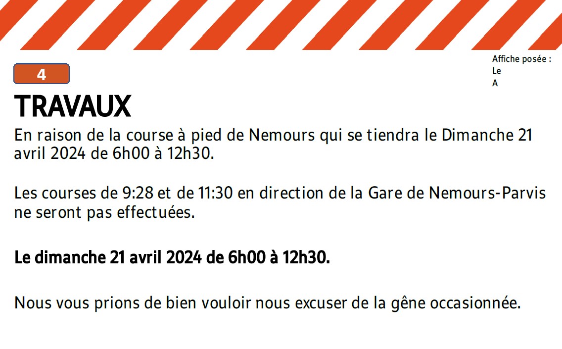 ⚠️#InfoTrafic #ligne5📷Dimanche 21 avril 2024 En raison de la Nemourienne à #Nemours les courses suivantes ne pourront pas être assurée en direction de la gare de Nemours Parvis :