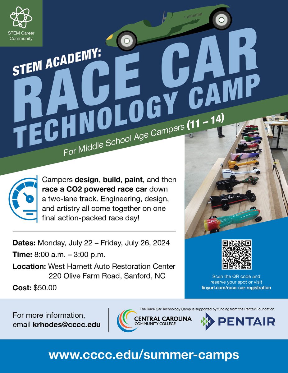 The @iamcccc Race Car Technology Camp for middle school age campers will be held from 8 a.m.-3 p.m. July 22-26 at the @iamcccc West Harnett Auto Restoration Center, Sanford. Cost $50. For information, email krhodes@cccc.edu. Learn more and register at tinyurl.com/race-car-regis….