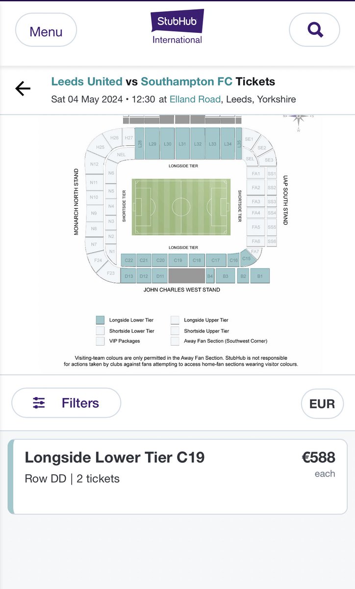 For anyone who missed out on tickets vs Southampton, fear not…

Stubhub are selling 2 tickets in the west stand lower for €588 each 🤡🤡

#LUFC