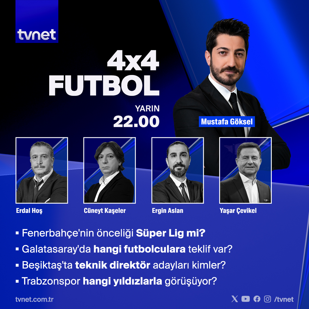 ▪Fenerbahçe'nin önceliği lig mi? ▪Galatasaray'da teklif alan futbolcular hangileri? ▪Beşiktaş'ın teknik direktör adayları ▪Trabzonspor hangi yıldızlarla görüşüyor? @mgoksell, @erdalhos, @cuneytkaseler, @erginaslan ve @cevikel_yasar ile #4x4Futbol yarın 22.00'de #TVNET'te.