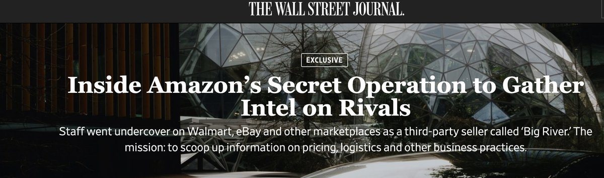 #Amazon busted for spying on rivals! ️‍🕵️‍♂️ @WSJ exposes 'Big River,' a fake seller operation on eBay & Walmart. Guess their intel gathering needs a Prime upgrade - even the name was a dead giveaway! #ecommerce