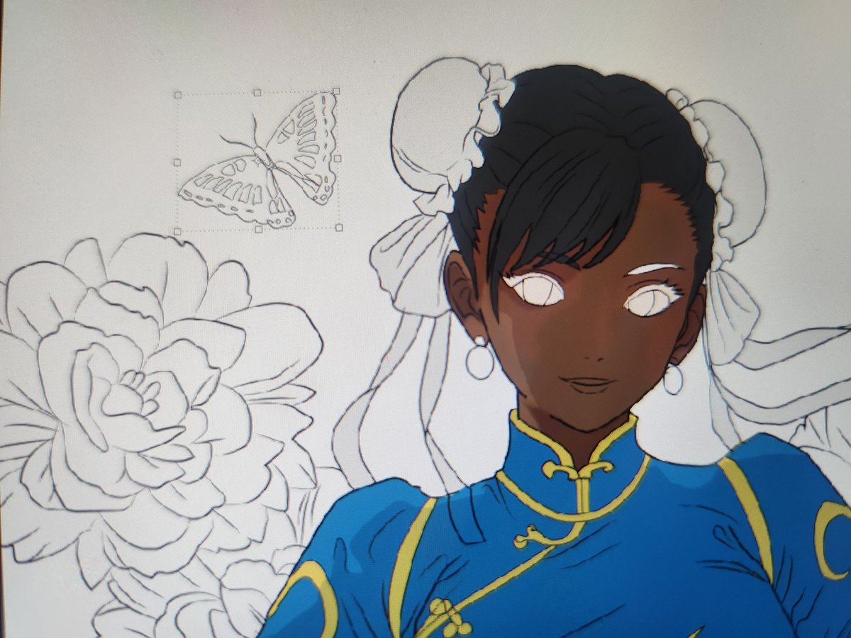 Adding base colors and butterflies to the background! Butterflies were suggested by @Nova_art_things 🦋 #art #digitalart #ArtistOnX #artmoots #chunli #StreetFighter6 #friyay #fridaymorning