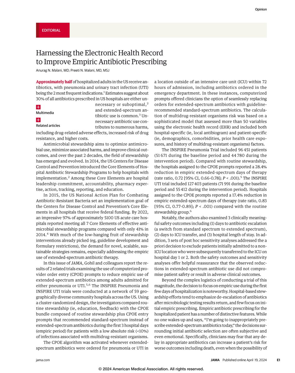 Editorial: Anurag Malani and @PreetiNMalani on harnessing the EHR to improve empirical antibiotic prescribing. ja.ma/446MvEf