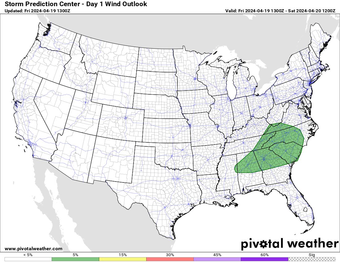 SPC: Sporadic strong to marginally severe storms are possible over parts of the Southeast later today. #ALwx #GAwx #NCwx #SCwx #TNwx #VAwx