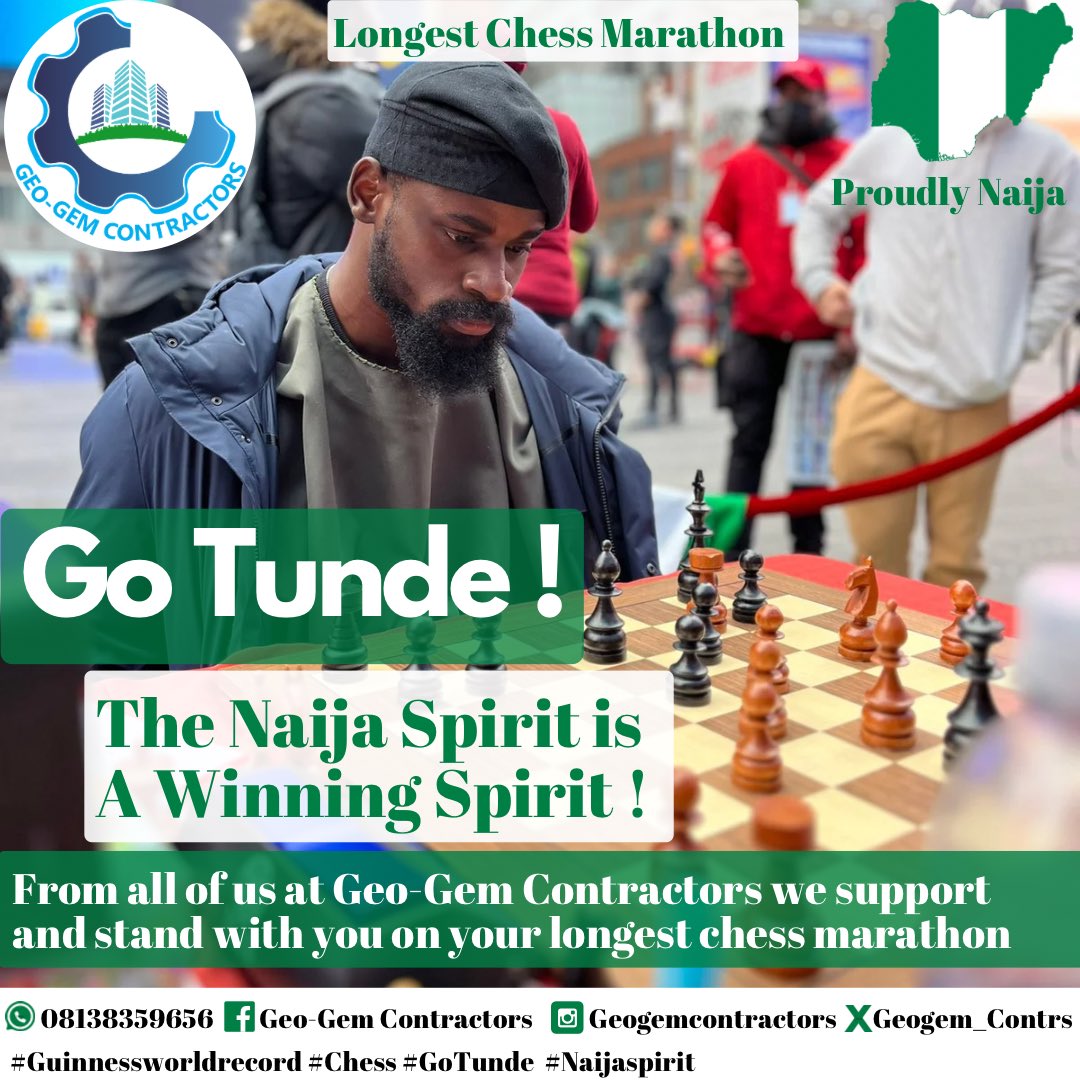 Geogem_Contrs's tweet photo. To our beloved @Tunde_OD we join millions of Nigerians both at home &amp; in diaspora to celebrate your victory in advance for being such an embodiment of inspiration. Congratulations in advance as you attempt to break the Guinness World Record for the longest Chess Marathon https://t.co/KaIPX3zZ4Y