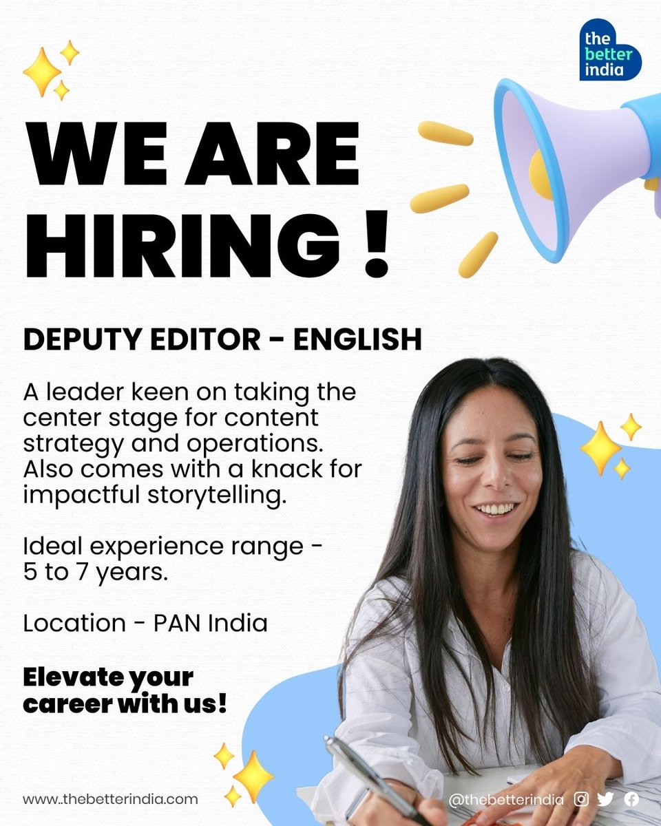 We are rapidly hiring for a variety of roles.
Do apply before the vacancies fill up!

Please write to us at careers@thebetterindia.com or apply here - thebetterindia.freshteam.com/jobs

#ApplyNow #wearehiring #remotejob #RemoteWorkOpportunities #workfromhome #TheBetterIndia

[Job Openings…