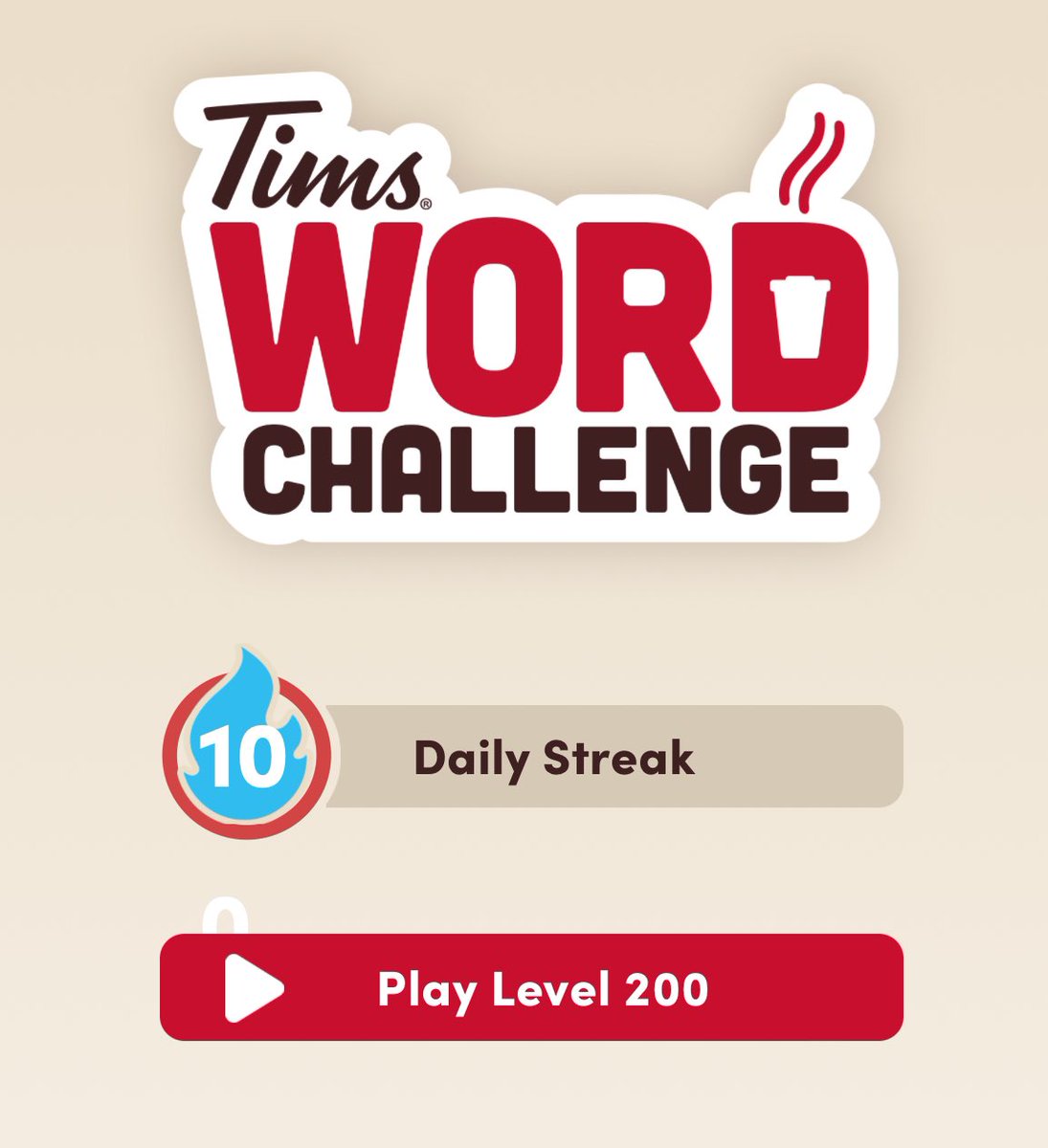 ManleyMaggie's tweet photo. @TimHortons the Tims Word Challenge doesn’t anticipate 100 day streaks https://t.co/VBo0LamYDl
