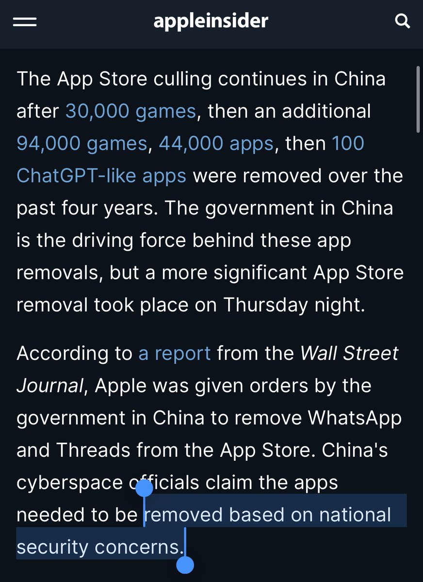 GergelyOrosz's tweet photo. China removes apps from non-Chinese devs over national security concerns all the time.

Interesting how the rest of the world has national security concerns concerns of Chinese apps (most notable: TikTok) yet do nothing of the sort.

(Save for India. They banned TikTok in 2020). https://t.co/DlCE7UCGeM