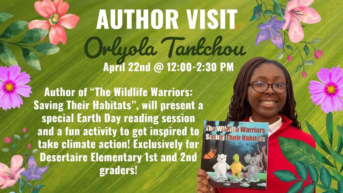 We are excited to have recently published author Orlyola Tantchou, a sophomore at Loretto Academy, visit @desertaire_yisd 1st and 2nd graders for Earth Day this Monday!