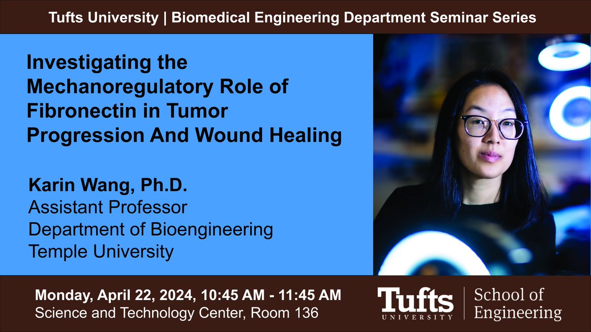 Brian Timko Laboratory (@timkolab) on Twitter photo This Monday 4/22 we welcome <a href="/TuftsEngineer/">Tufts University School of Engineering</a>
<a href="/TuftsBME/">Tufts Biomedical Engineering</a> Department Seminar speaker Prof. Karin Wang <a href="/Karin_Wang26/">Karin Wang</a> from <a href="/TempleUniv/">Temple University</a> <a href="/templebioe/">Temple Bioengineering</a>!
#mechanobiology #biomechanics #fibronectin #WoundHealing #TumorProgression
More: engineering.tufts.edu/bme/news-event… This Monday 4/22 we welcome <a href="/TuftsEngineer/">Tufts University School of Engineering</a>
<a href="/TuftsBME/">Tufts Biomedical Engineering</a> Department Seminar speaker Prof. Karin Wang <a href="/Karin_Wang26/">Karin Wang</a> from <a href="/TempleUniv/">Temple University</a> <a href="/templebioe/">Temple Bioengineering</a>!
#mechanobiology #biomechanics #fibronectin #WoundHealing #TumorProgression
More: engineering.tufts.edu/bme/news-event…
