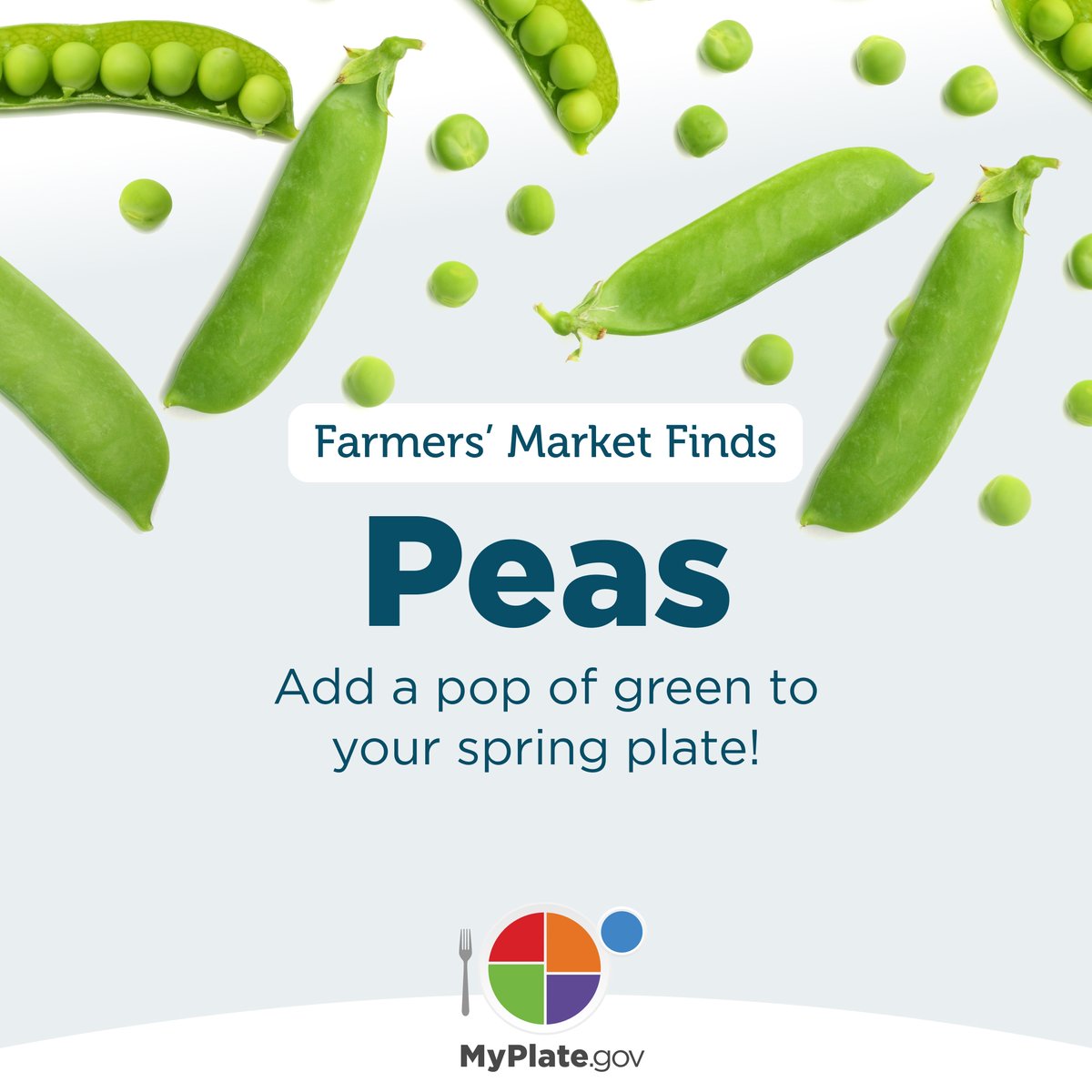 Peas are so delicious and versatile! You can eat them in a salad, as part of a creamy soup, or on their own for a healthy summer snack. Use #ShopSimplewithMyPlate to find a farmers’ market near you and pick up some fresh peas this season. myplate.gov/app/shopsimple