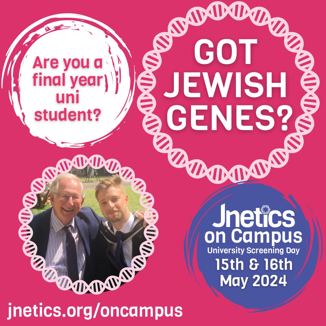 Have at least 1 Jewish grandparent? Final year UK uni student? NOT tested with Jnetics before? 15th & 16th May - get tested for 47 recessive Jewish genetic conditions for FREE whilst still at university! Book now: ow.ly/YjvK50RjOn2 #jnetics #jneticsoncampus #jewishgenes