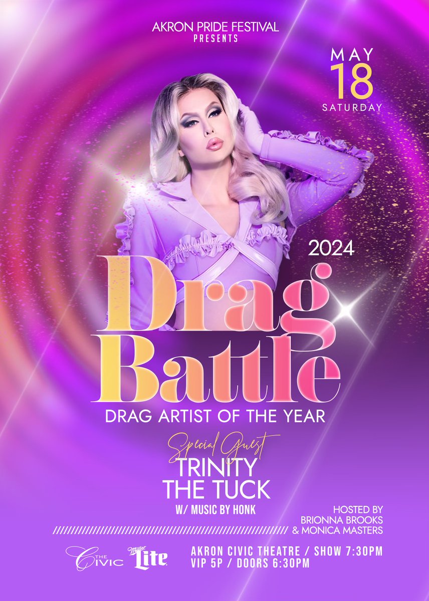 Just In & On Sale TODAY! Akron Pride Festival Presents Drag Battle 2024 with special guest from RuPaul’s Drag Race & RuPaul’s Drag Race: All Stars Trinity the Tuck at the Akron Civic Theatre May 18th at 7:30 PM. Hosted by Brionna Brooks & Monica Masters 🎟ticketmaster.com/event/05006091…