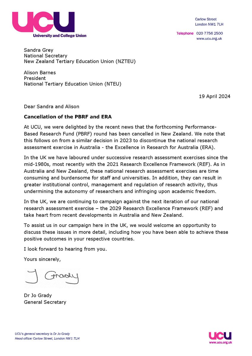 Today @DrJoGrady has written to @nzteu & @NTEUnion to discuss how their success can aid our fight for academic freedom. REF undermines the autonomy of researchers and must be stopped 👇