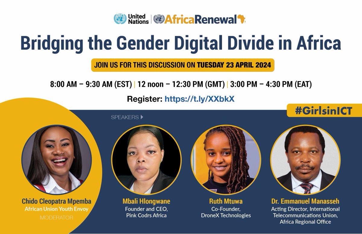 #SaveTheDate 

📅TUESDAY 23 APRIL 2024 

📷8:00 AM - 9:30 AM (EST) |
12 noon - 12:30 PM (GMT) |
3:00 PM - 4:30 PM (EAT)

Join us in exploring ways to bridge the gender digital divide in Africa 

Register: t.ly/XXbkX
#GirlsinICT