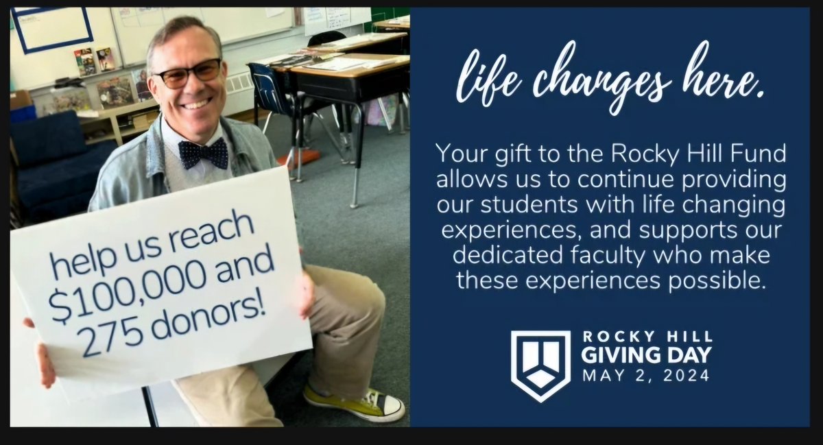 The <a href="/RockyHillCD/">Rocky Hill Country Day School</a> "Giving Day" is on May 2nd 2024! Please consider giving a financial gift to support our goal of providing our students with life changing experiences, and supports our dedicated faculty who make these experiences possible! #TheMarinerWay
.
rockyhill.org/givingday/