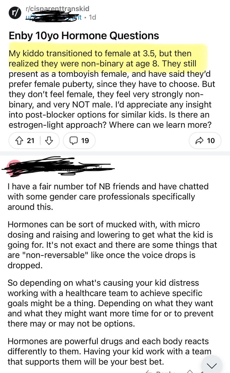 'my kiddo transitioned to female at 3.5, but then realized they were non-binary at 8' In other words 'I forced my son to transition to female as a toddler and he has been resisting it ever since. I've compromised and allowed him to be non binary, but I simply will not allow…