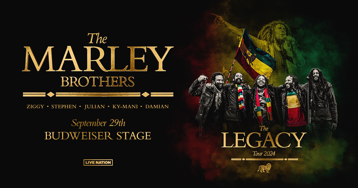 The Marley Brothers unite for The Legacy Tour on September 29th, a historic one-of-a-kind event celebrating Bob Marley's worldwide impact! Join @ziggymarley, @stephenmarley, @JulianMarley, @MaestroMarley & @damianmarley for a night of positive vibrations: bit.ly/3vQGpvk