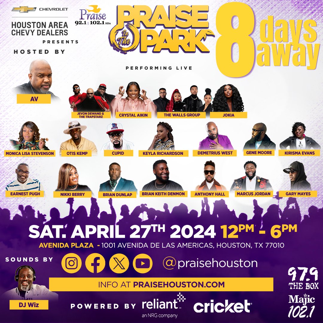Majic1021's tweet image. 8 DAYS AWAY 💫 Don't miss another incredible year of #PraiseInThePark presented by @houstonchevy 💫 Sat, April 27th join us from Noon to 6p at Avenida Plaza for a day of family, faith and fun with a powerful lineup of artists from the Gospel World. PLUS, IT’S ABSOLUTELY FREE!