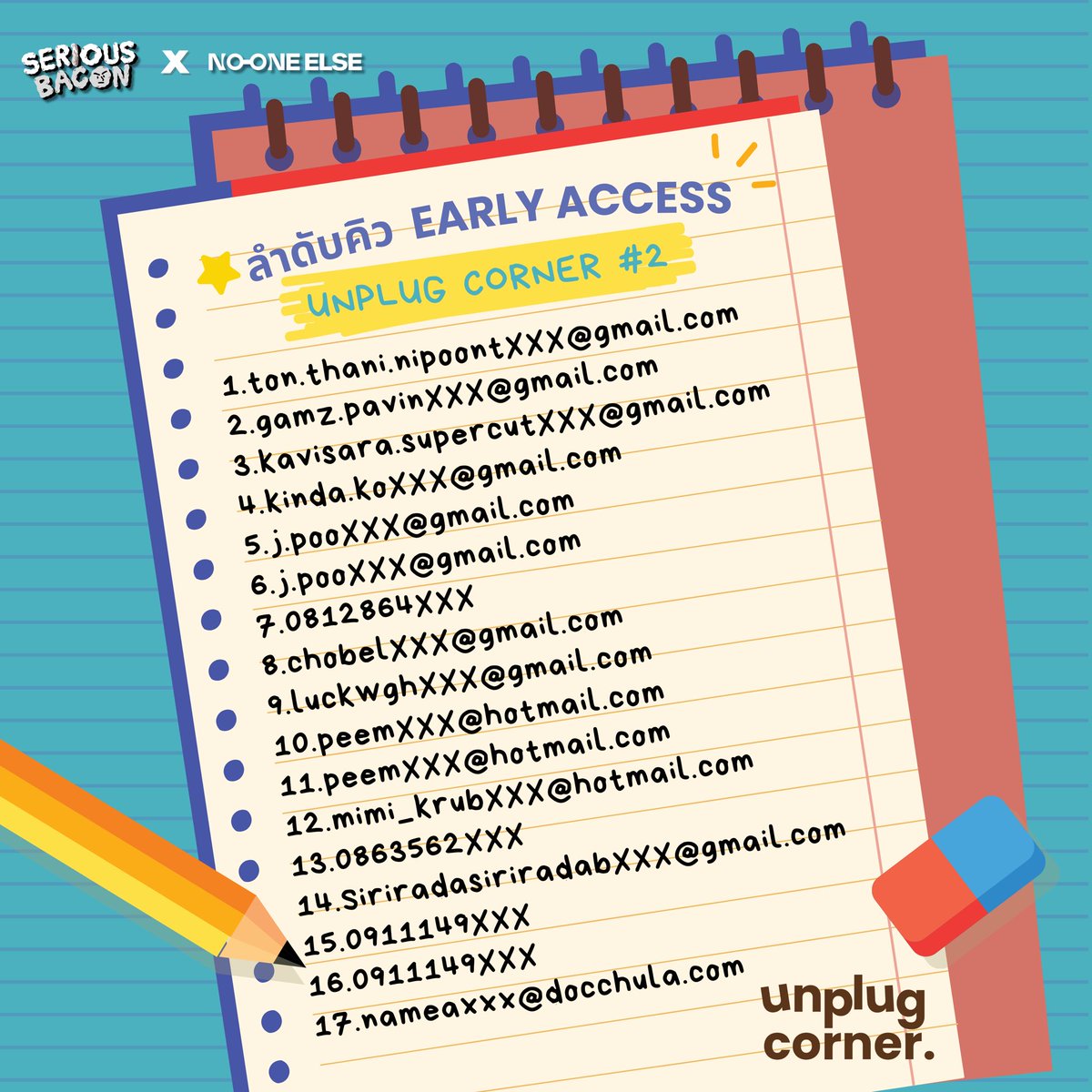 ประกาศลำดับคิวสำหรับสิทธิพิเศษ Early Access Package สำหรับ Unplug Corner #2: SERIOUS BACON & No One Else 

ส่วนใครยังไม่ซื้อ รีบซื้อด่วนเลย! สามารถมาดูลำดับคิวได้ที่จุด Registration แล้วเจอกันค่ะ💖 

#UnplugCorner
#TheFirstAcousticLiveHouseinThailand
#SERIOUSBACON
#NoOneElseBand