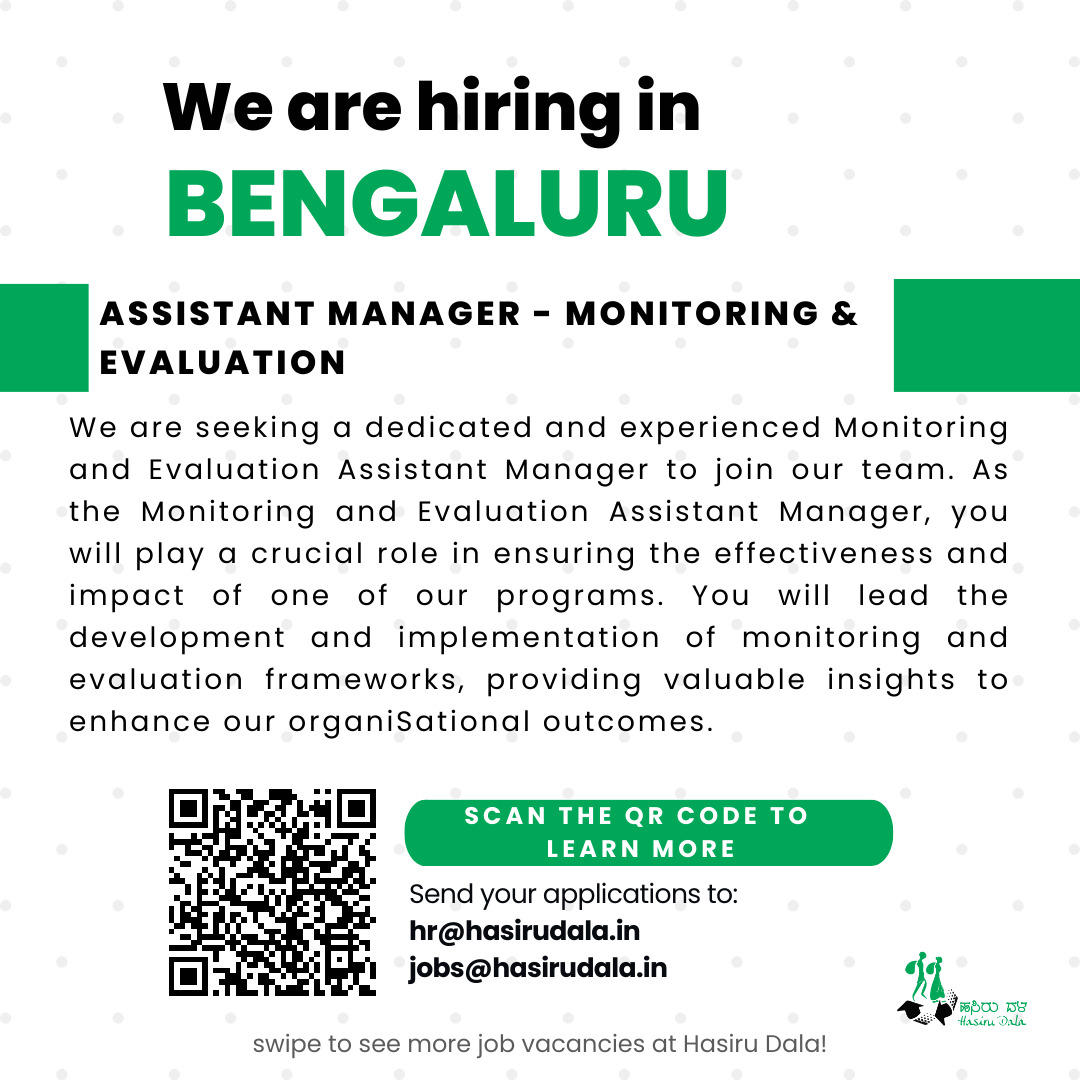 Join our team at Hasiru Dala! We're hiring (Assistant Manager - Monitoring & Evaluation) in Bangalore! Send your applications to hr@hasirudala.in and jobs@hasirudala.in Click for more details: drive.google.com/file/d/1ntbvlH… Apply now! #HasiruDala #Hiring #Bangalore