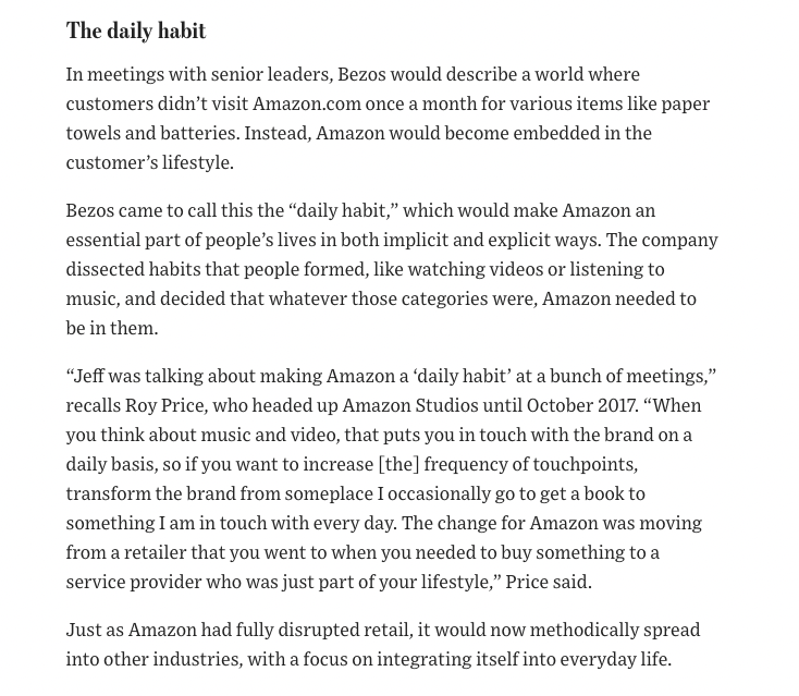 'Bezos came to call this the 'daily habit,' which would make Amazon an essential part of people’s lives in both implicit and explicit ways.' Just some totally not-sinister stuff from 'one of the most powerful and most feared companies in history.' wsj.com/business/retai…