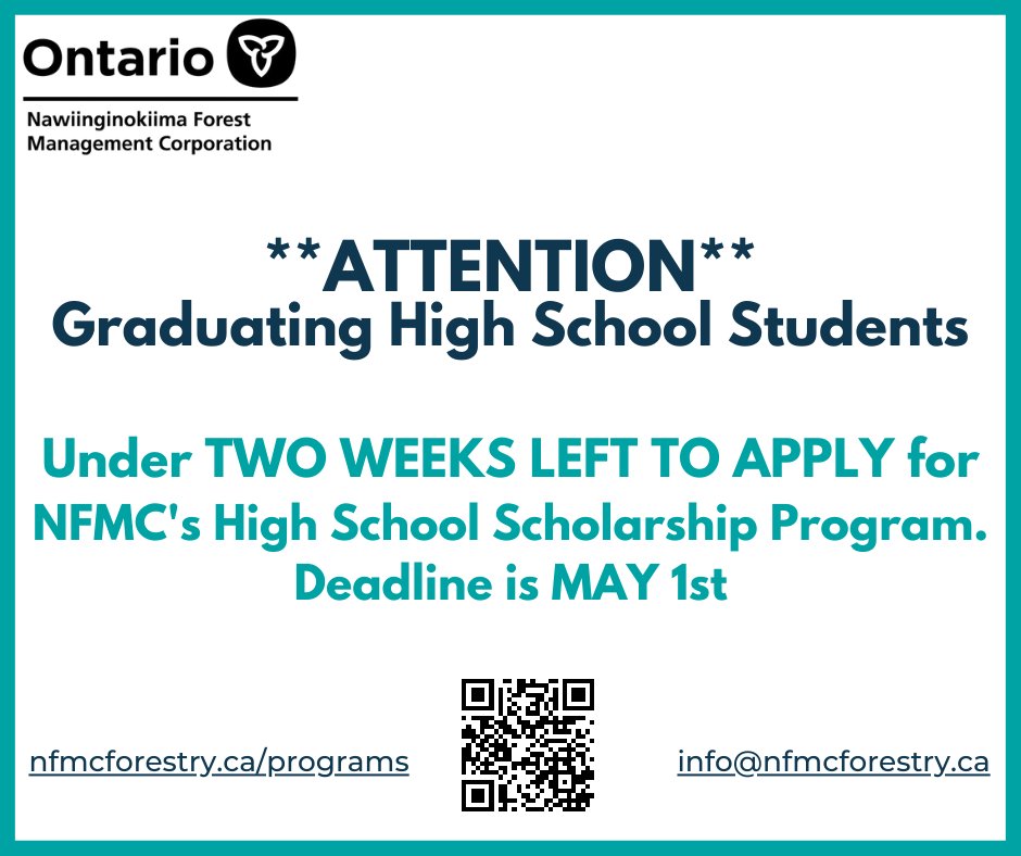 NFMCForestry's tweet image. **NFMC SCHOLARSHIPS REMINDER**
DEADLINE: MAY 1st

APPLY TODAY for one of NFMC&apos;s 10x $3000.00 High School Scholarships @ nfmcforestry.ca/programs 
(average time to complete- approximately 45 minutes). 

#scholarships #HighSchool #supportinglocalcommunities