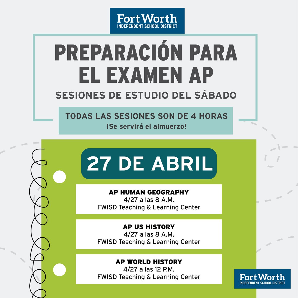 Is your student getting ready for those AP exams? We've got you covered! FWISD is offering Saturday study sessions to help our high school students pass their tests. Join us for four hours of focused prep, with lunch provided! RSVP now to secure your spot bit.ly/3W6pKOR!