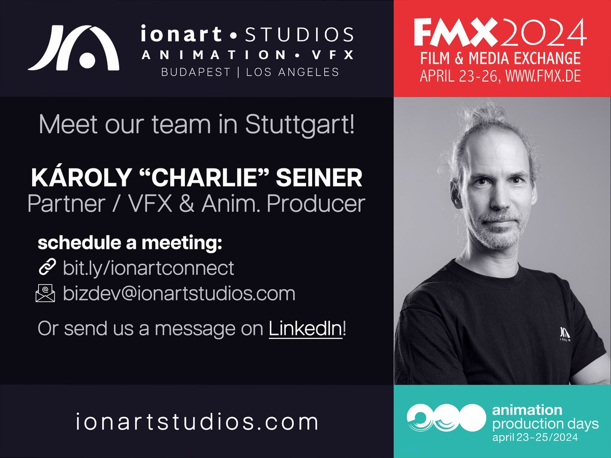 ionartstudios's tweet photo. Are you heading to @FMX_Conference and #APD in Stuttgart next week? Meet members of our managing team like VFX &amp; Animation Producer Charlie Seiner!

#fmx2024 #apd2024 #stuttgart #ionartstudios #visualeffects #animation #europeanfilm #europeananimation #conference #networking https://t.co/OieJakwQI8