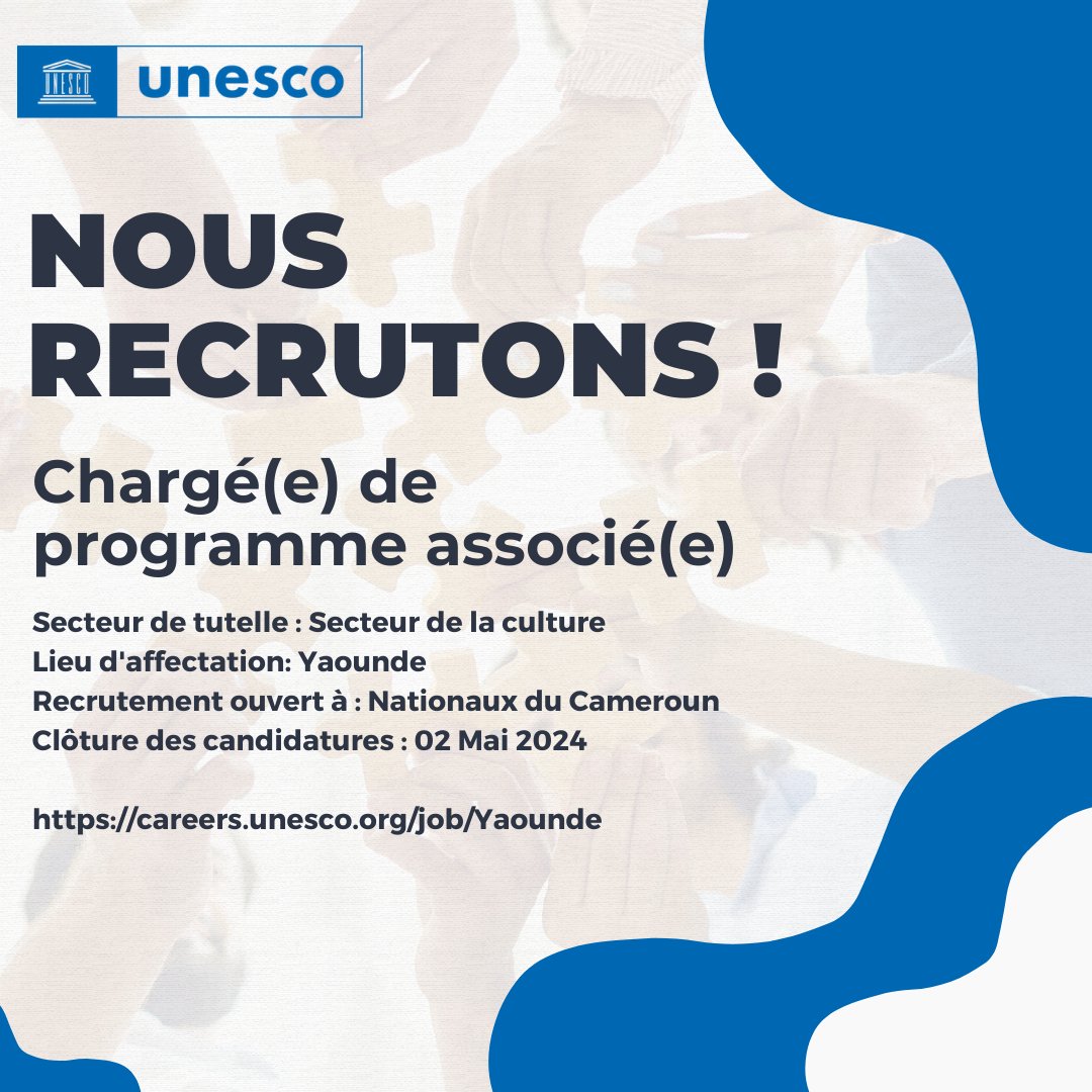 📢 AVIS DE RECRUTEMENT! Secteur de tutelle : Secteur de la culture (CLT) Lieu d'affectation: Yaounde Recrutement ouvert à: Nationaux du Cameroun Clôture : 02 Mai 2024 Lien: lnkd.in/egsszCfk #recrutement #avisderecrutement #jobopportunity #Culturejobs #UNjobs