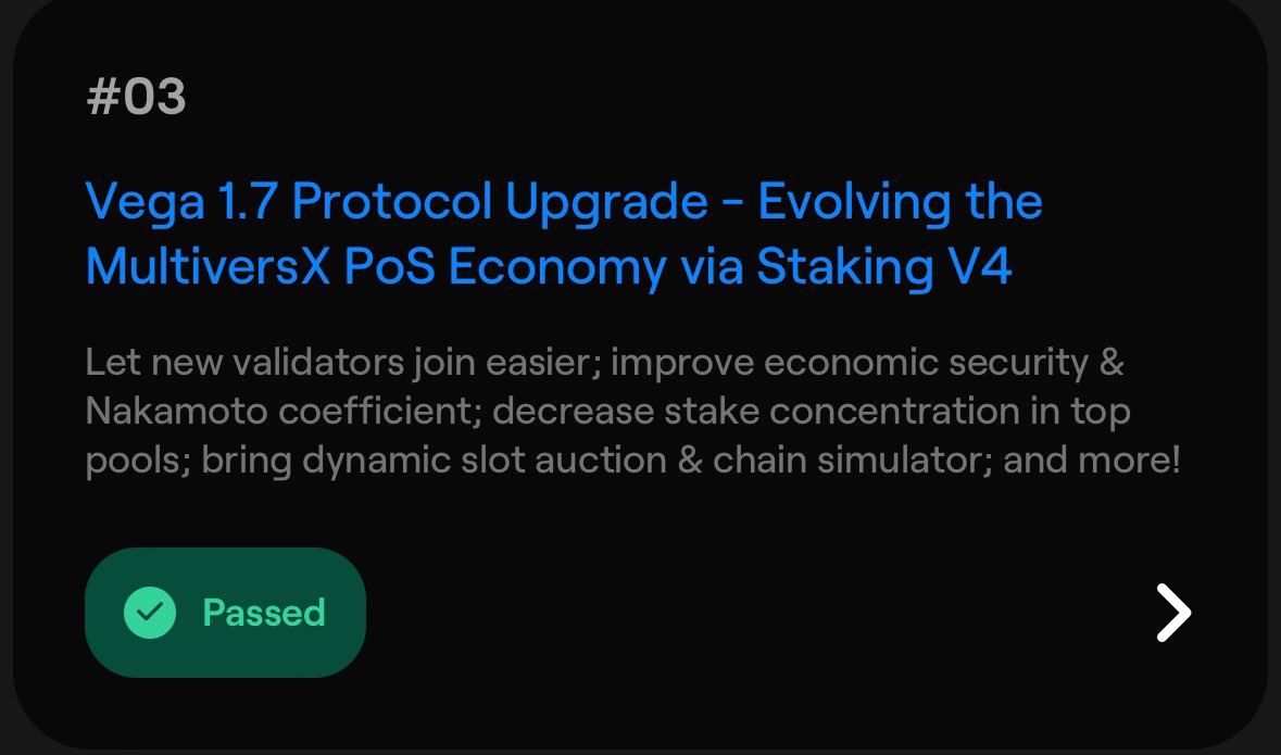 Congrats everyone. StakingV4 has passed the governance vote. The update is coming. Open markets, auction system, more staking providers, new opportunities, even more decentralised validation. Updates and improvements are constant in #MultiversX.
