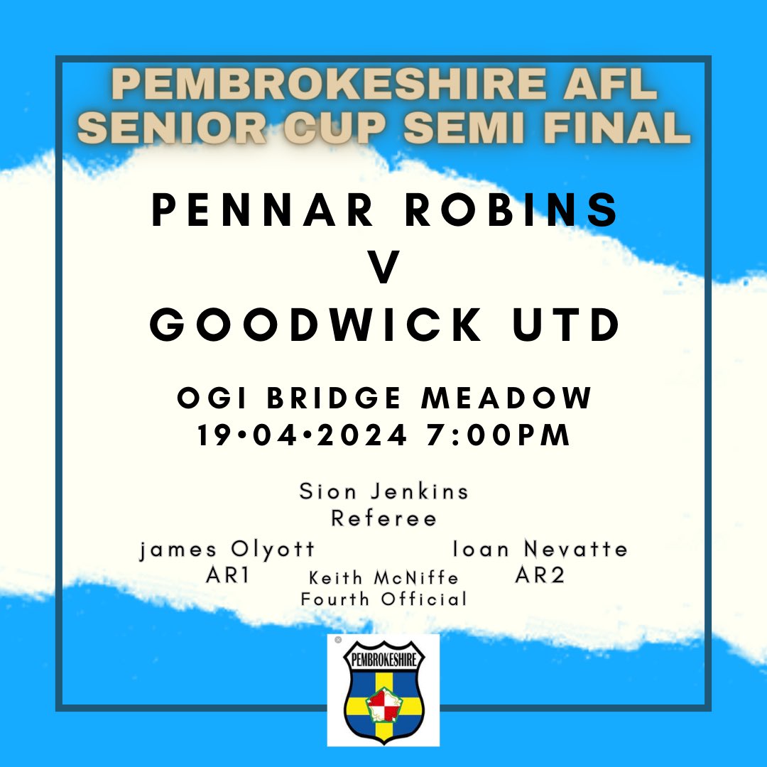 @PennarRobinsFC take on @GoodwickUtd at @HaverfordwestFC this evening - 7pm kick off. 

Good luck to our team of match officials and to both teams!