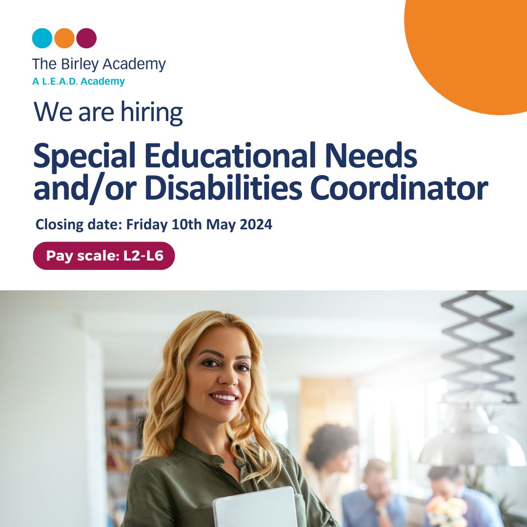 Exciting opportunity at @birleyacademy for a Special Educational Needs and/or Disabilities Coordinator (SENDCo). You'll work collaboratively with staff and stakeholders to create a supportive environment for students with diverse needs. Apply now. leadacademytrust.co.uk/vacancies/depu…