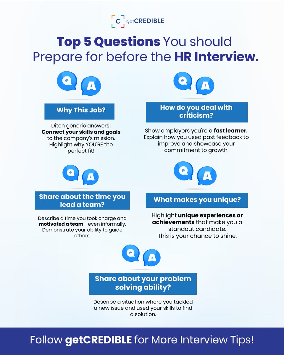 Ace your next HR interview with these top 5 questions! Preparation is key to landing your dream job. 
Follow @getCREDIBLE for more career insights and tips. #CareerPreparation #JobInterview #HRQuestions #InterviewSuccess #getCREDIBLE