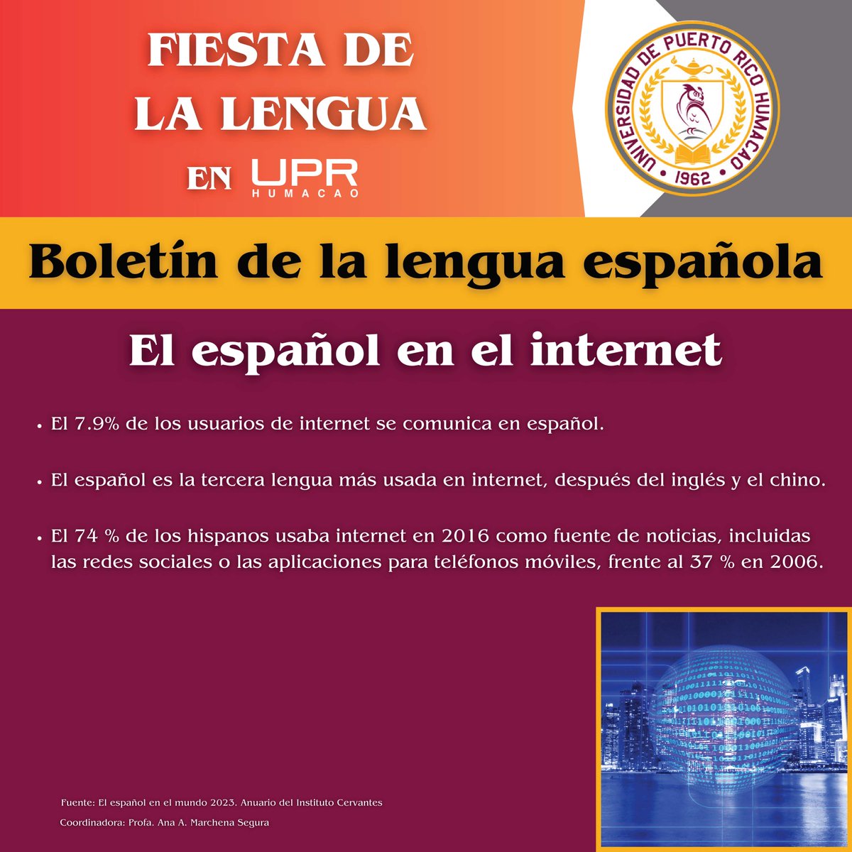 Como parte de la celebración de la Fiesta de la Lengua 2024 en UPR Humacao, el Departamento de Español comparte su Boletín de la lengua española (Ed. #4).

#FiestadelaLengua #Español #UPRH #SiempreBúhos