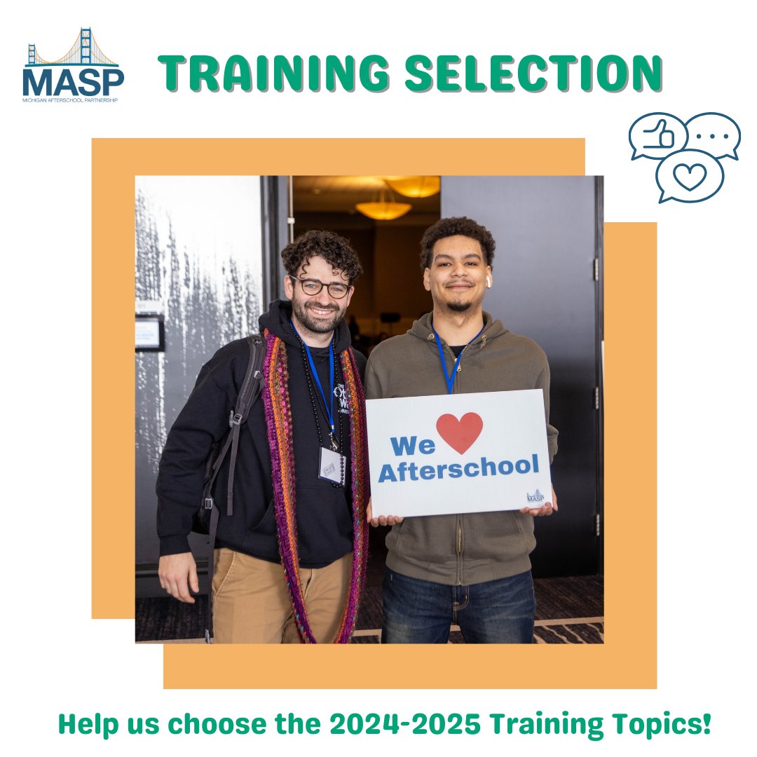MASP is asking for you to weigh in on which eight Training Topics you would like to see covered in the 2024-2025 program year. We value your feedback and look forward to providing continued events and training for the Out-of-School Time field. Vote Now! forms.gle/Uq6W2gNuox4z89…