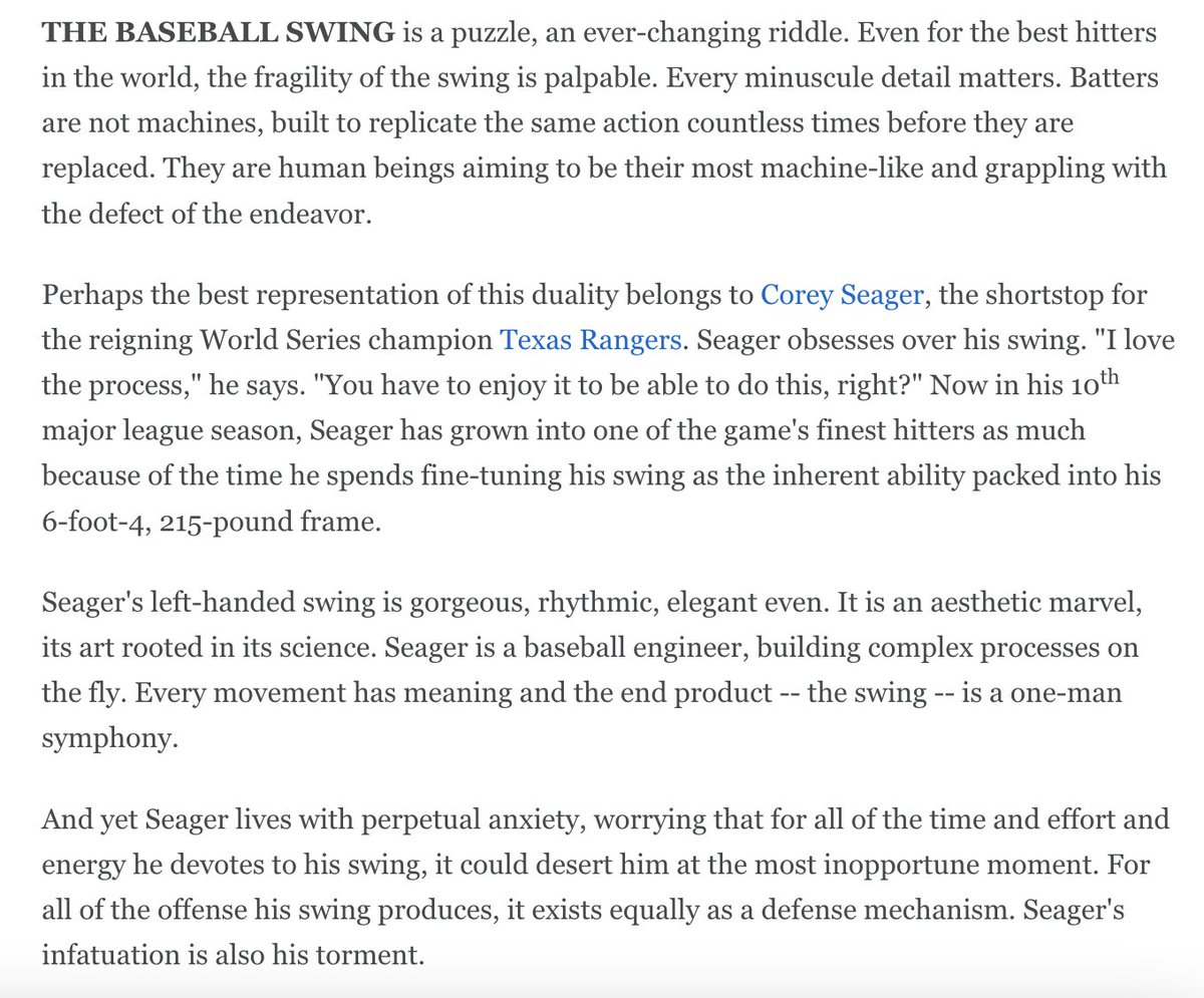 Corey Seager is a fascinating person, and in this story, free and unlocked at ESPN, he opens up about the fear that accompanies every trip into the batter's box, the obsession to find the perfect swing and how the intersection of the two breeds greatness: espn.com/mlb/story/_/id…