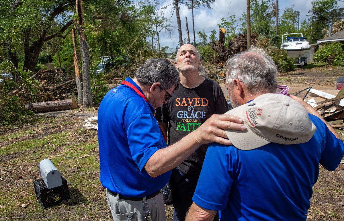 This week our @BillyGraham Rapid Response Team Chaplains are serving alongside @SamaritansPurse teams in Slidell, LA, and Wilkes County, NC, where strong storms with tornadoes did a lot of damage. It means so much for these chaplains to come alongside, encourage, and be there to