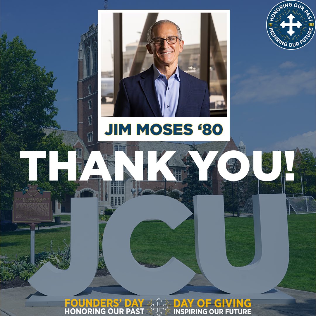 THANK YOU JIM MOSES ‘80! 🙌 Jim is donating $30,000 today for the Day of Giving to support the Carroll Fund, Scholarships, the Football team, and the Men's Basketball team. ⚡️ We are so grateful for Jim's support! 👏 Visit JCU.edu/give to help Inspire Our Future! ✅
