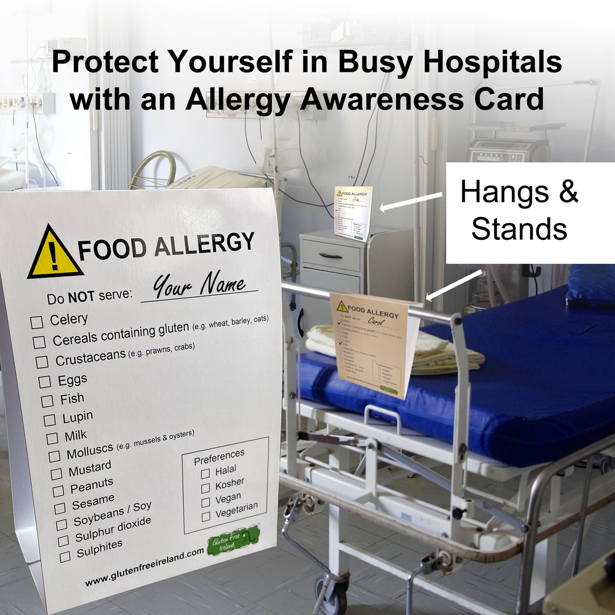 Remind staff of your allergies, even when you're out of bed or asleep:
✅Stands on a table with clearly marked allergens
✅Hangs on bed handles - ideal when you're in a corridor 😢
✅FREE Worldwide Postage
✅Only £4.99

Order online now:
glutenfreeireland.com/product/food-a…
