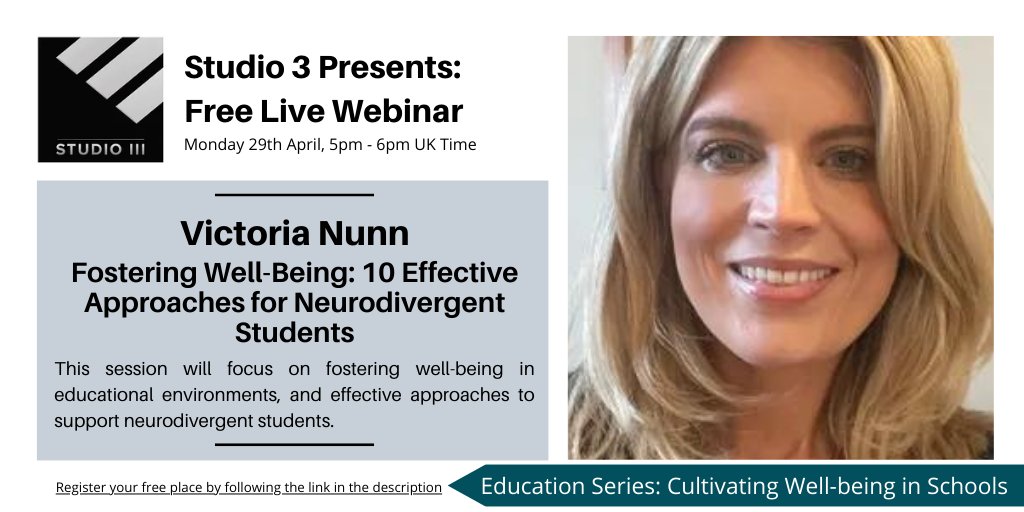 Free Webinar | Monday 29th April, 5pm BST Join us for our next free live webinar as part of our Education Series, where Victoria Nunn will be sharing 10 effective approaches to foster well-being for neurodivergent students! Sign up here: studio3.org/free-webinars