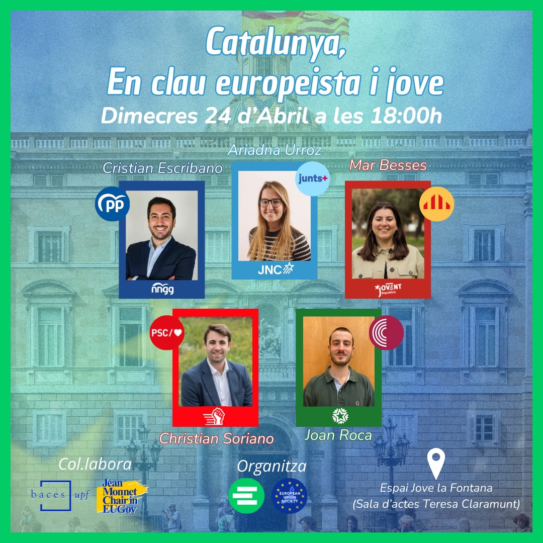 🤔 Vols conèixer a les candidatures joves pel #12M 🗳 a #Catalunya?

📣 El dimecres 24 d'abril a les 18h, vine el primer debat en clau europeista i jove a l'<a href="/EjLaFontana/">Espai Jove La Fontana</a>.

👉 Amb: <a href="/christian_soga/">Christian Soriano García</a> <a href="/marbesses/">Mar Besses i Casanovas</a> <a href="/ariadnaurroz/">Ariadna Urroz</a> <a href="/joanroca98/">joan roca</a> <a href="/Escribano_R/">Cristian Escribano</a>

#FemEuropa 🇪🇺💚 <a href="/eusociety_/">European Union Society</a>
