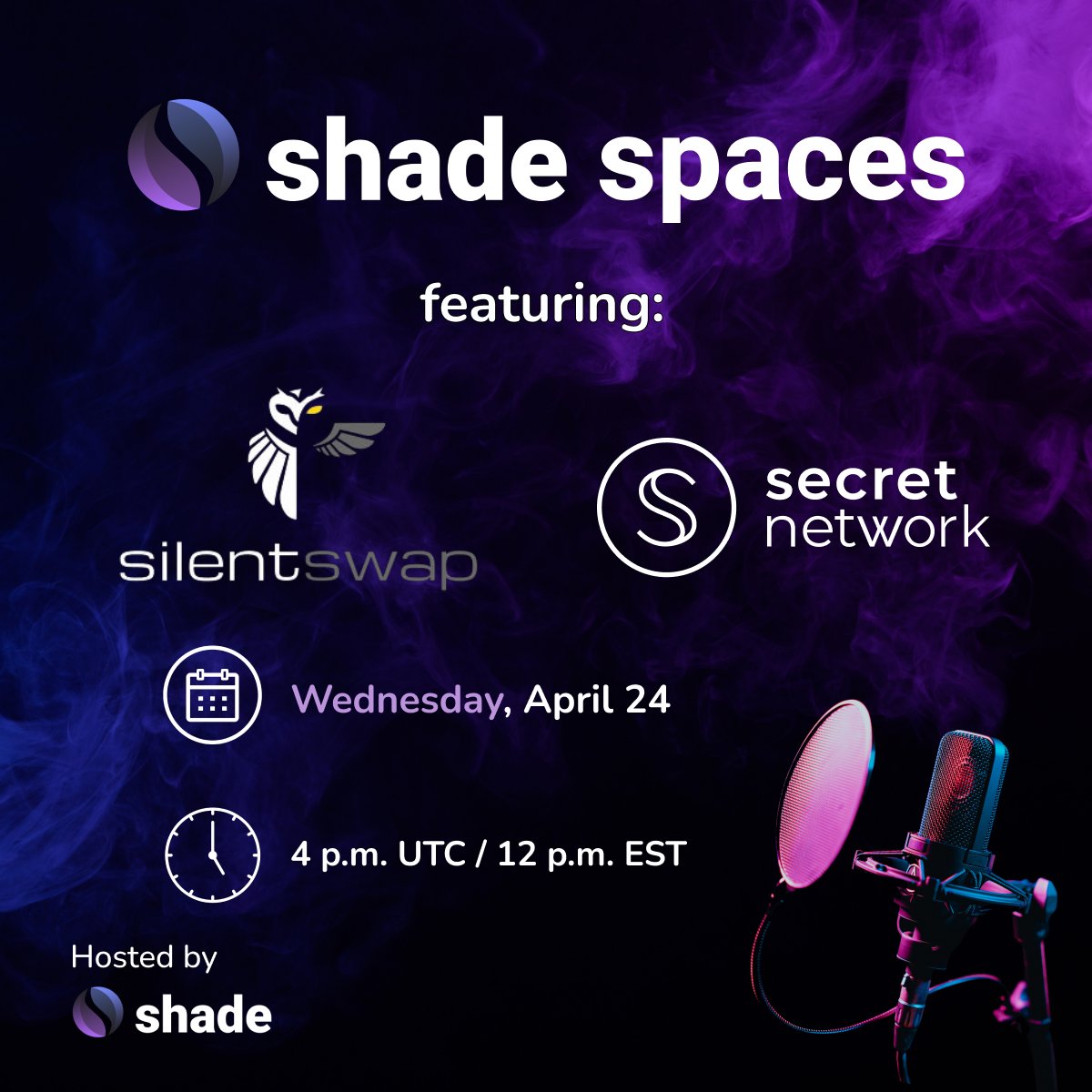 🤝 What will happen when two privacy powerhouses built on @SecretNetwork join forces? 🤫🤫🤫 Hint: Private DeFi with unmatched asset control and privacy. Set a reminder for this epic #ShadeSpaces with @SilentSwapcom & @SecretNetwork! 🗓️: April 24 🕜: 4pm UTC/12pm EST 🔗: