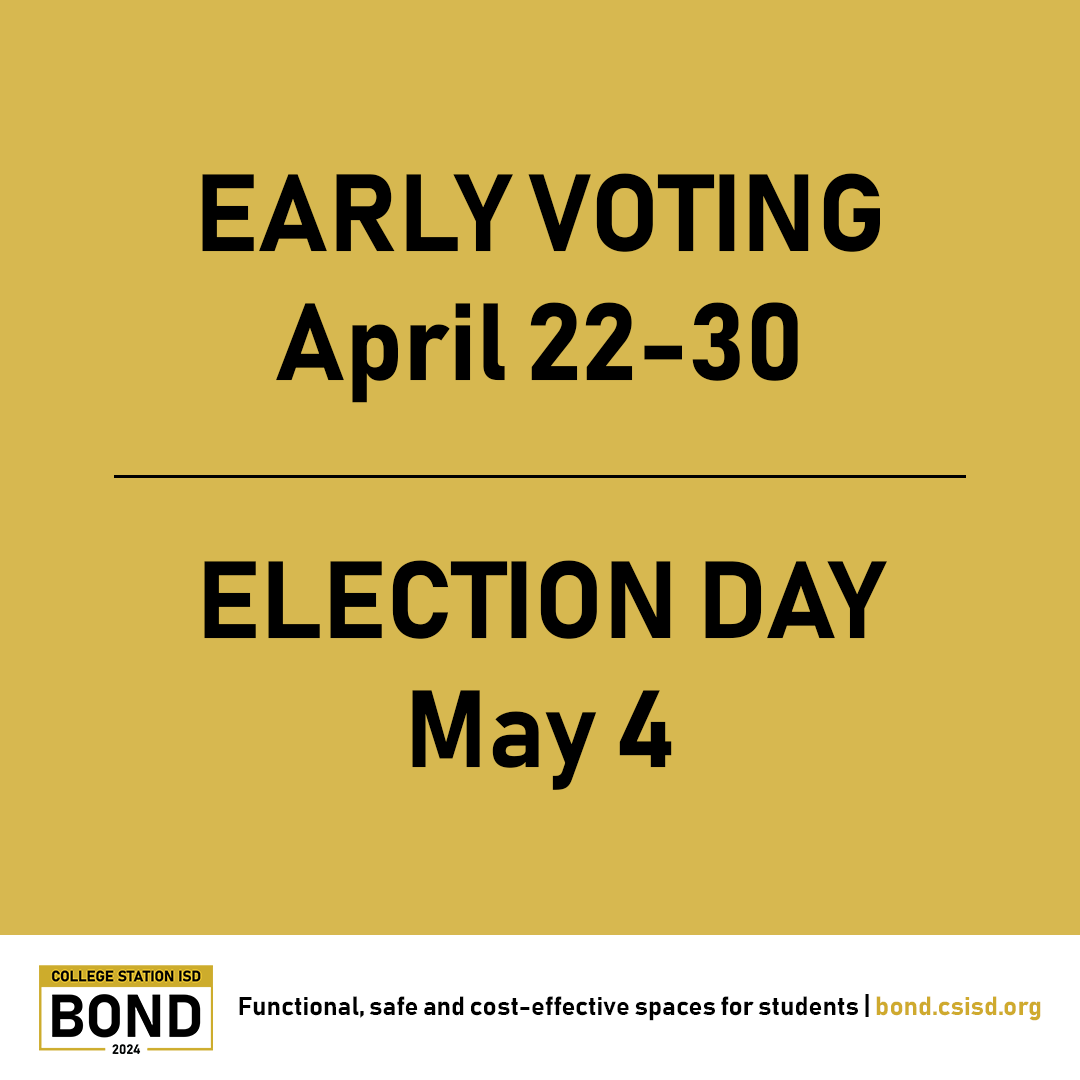 CSISD's tweet photo. Reminder: Early Voting for the 2024 #CSISDBond begins Monday, April 22 and runs through Tuesday, April 30. For a full list of early voting sites, visit https://t.co/XFtwtnUown. For information about CSISD's bond propositions, visit https://t.co/rFAkrwOa6k. https://t.co/OF9vT44KdC