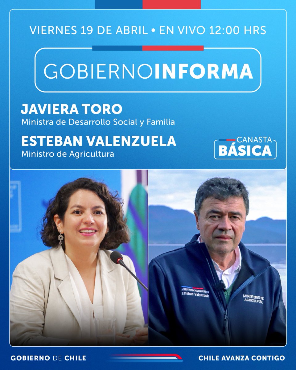 🙌 Buenas noticias para las familias chilenas con la baja en el valor de la Canasta Básica de Alimentos. 🕛Hoy a las 12:00 hrs. junto a la ministra de @MinDesarrollo @javieratoroc les contamos todos los detalles en #GobiernoInforma 🤳Acompáñanos por los redes sociales de