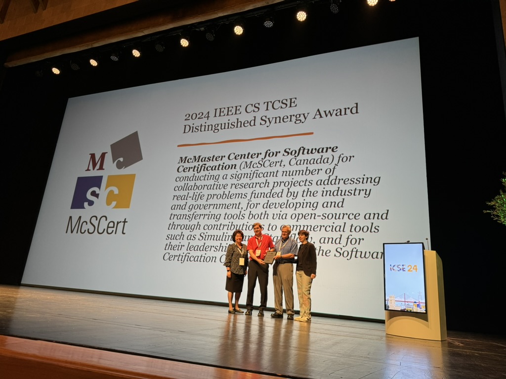 #mcscert @McMasterEng wins the IEEE CS TCSE Distinguished Synergy Award at #icse24 #icse2024 with Mark Lawford and Alan Wassyng receiving the award on our behalf. Thanks to Ladan and Federica for presenting!