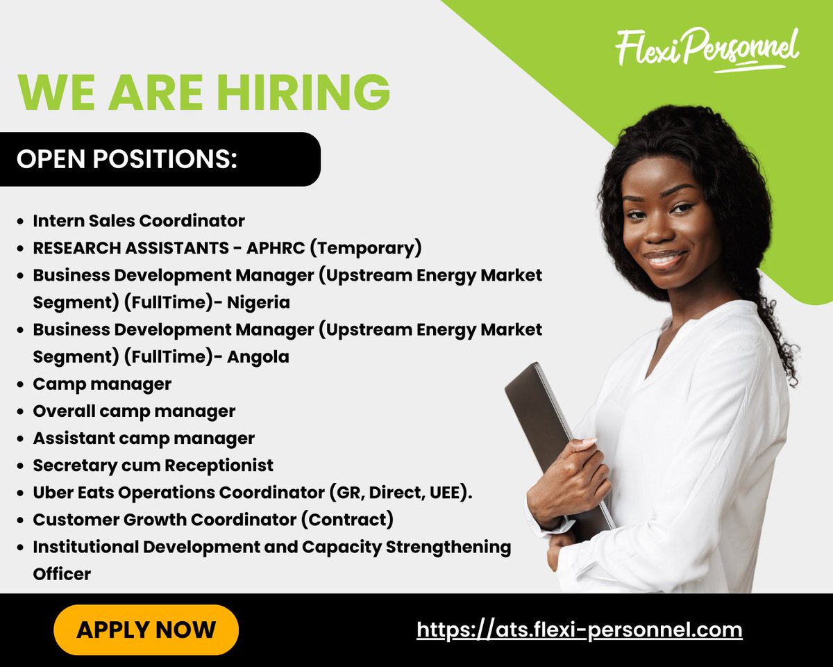 We are hiring! Explore a world of exciting opportunities and take your career to new heights. Click the link below to discover open vacancies and apply today! ats.flexi-personnel.com/jobs 
#IkoKazi #IkoKaziKE #ApplyNow #JobVacancies #OpenJobs #JobOpportunties